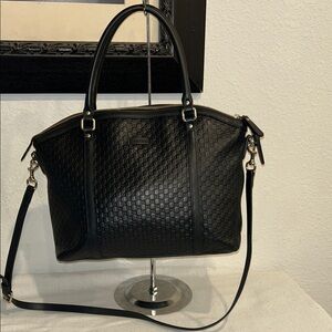 Gucci Microguccissima 2way Shoulder Tote Bag Black Leather Handbag +COA